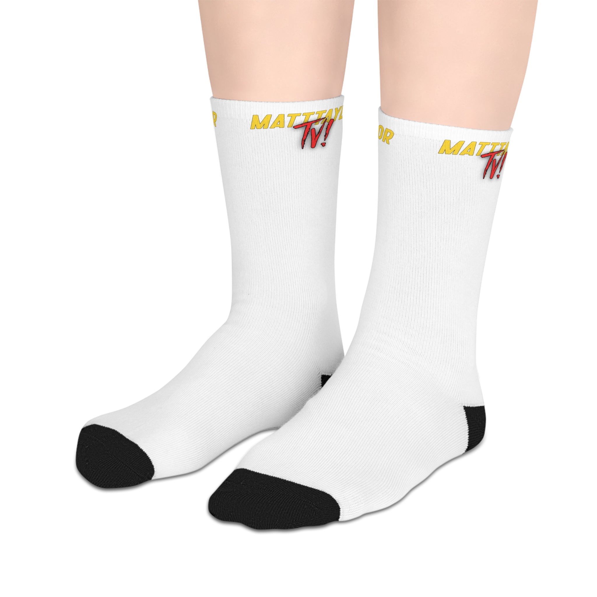 White Mid-Length Socks with Yellow "MATT~TAYLORTV" Logo – Comfortable Everyday Crew Socks