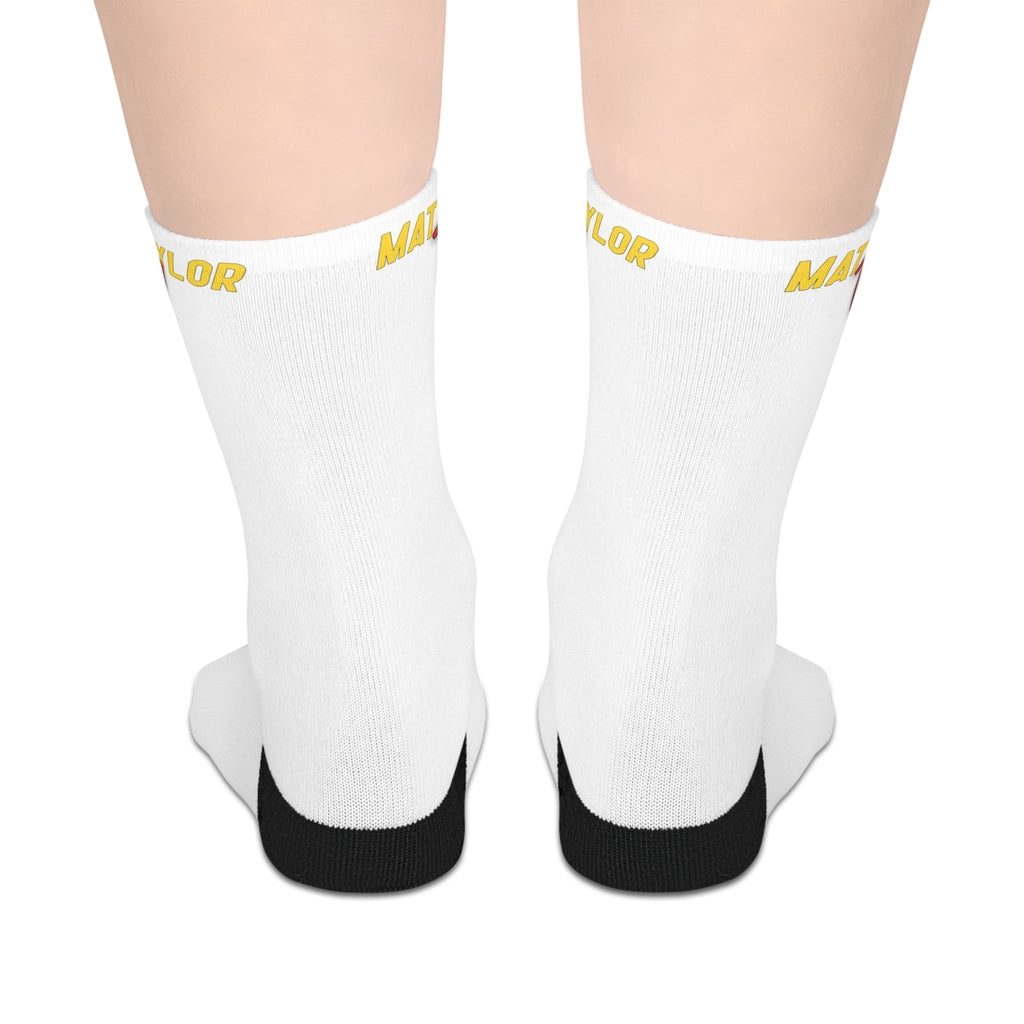 White Mid-Length Socks with Yellow "MATT~TAYLORTV" Logo – Comfortable Everyday Crew Socks
