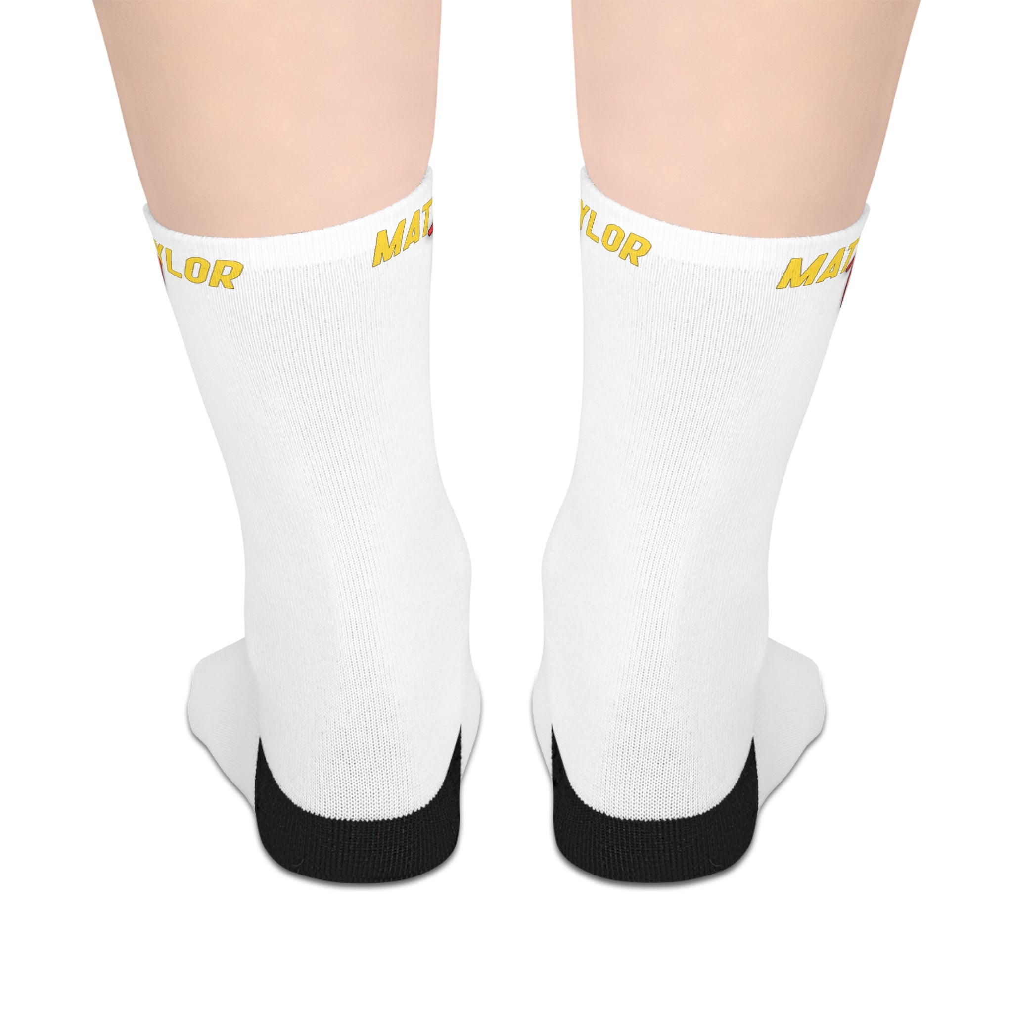 White Mid-Length Socks with Yellow "MATT~TAYLORTV" Logo – Comfortable Everyday Crew Socks