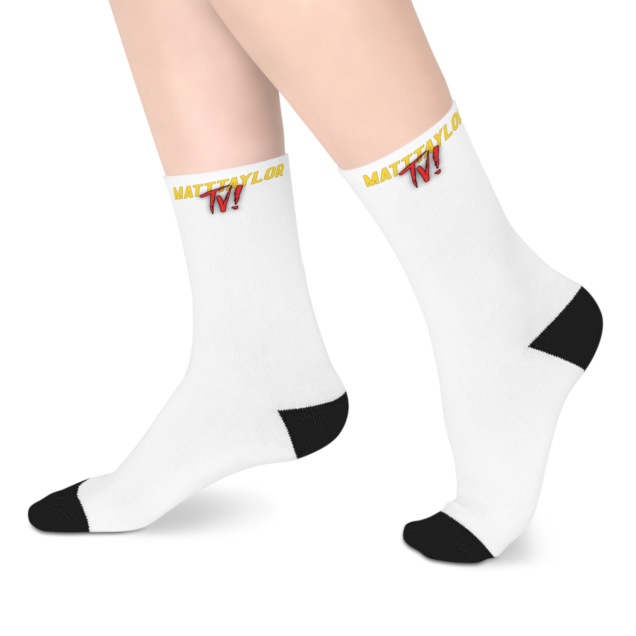 White Mid-Length Socks with Yellow "MATT~TAYLORTV" Logo – Comfortable Everyday Crew Socks