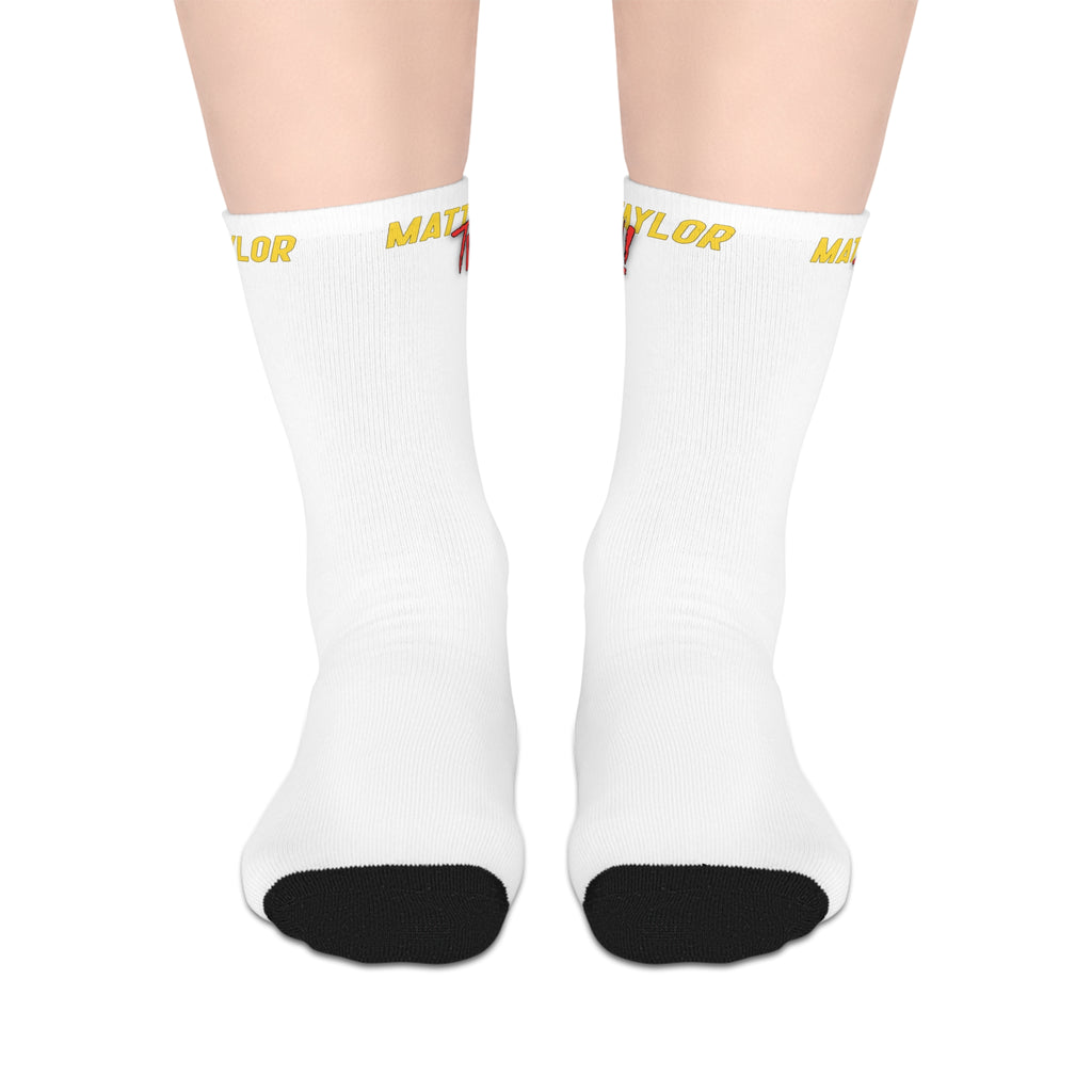 White Mid-Length Socks with Yellow "MATT~TAYLORTV" Logo – Comfortable Everyday Crew Socks