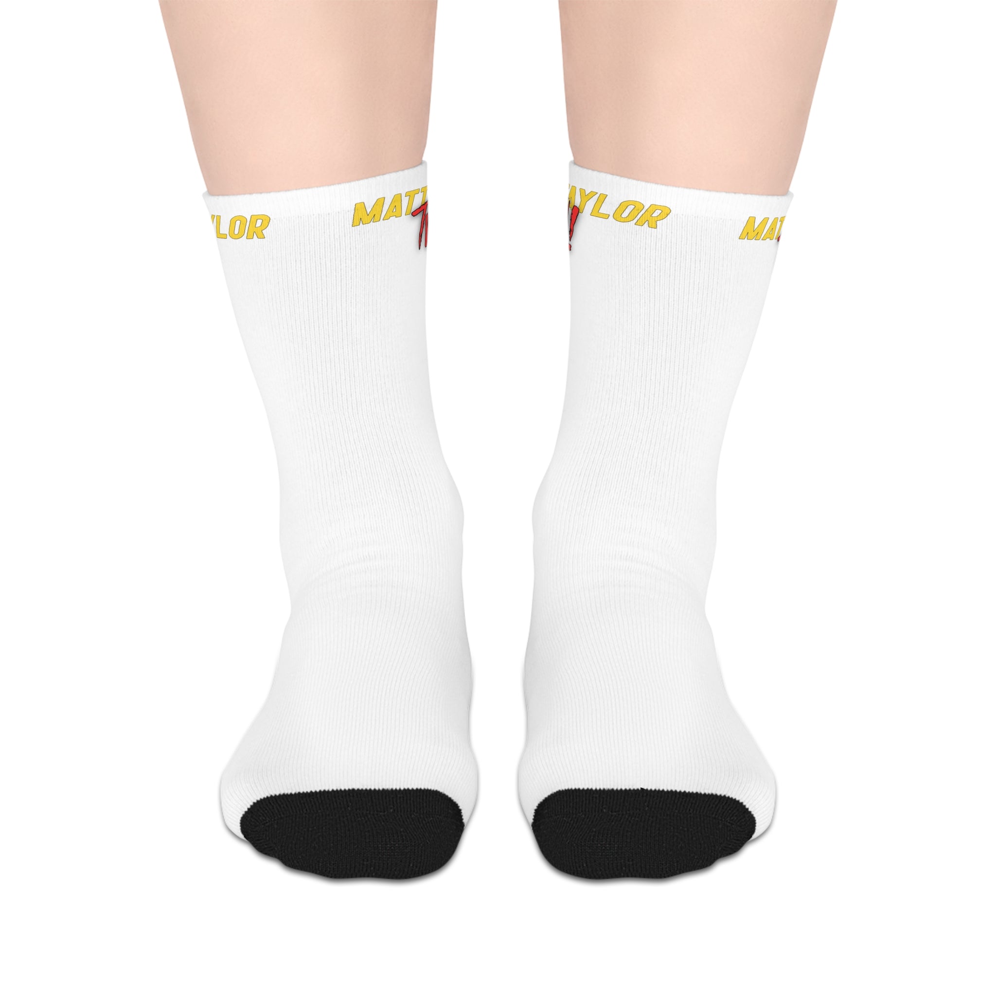 White Mid-Length Socks with Yellow "MATT~TAYLORTV" Logo – Comfortable Everyday Crew Socks