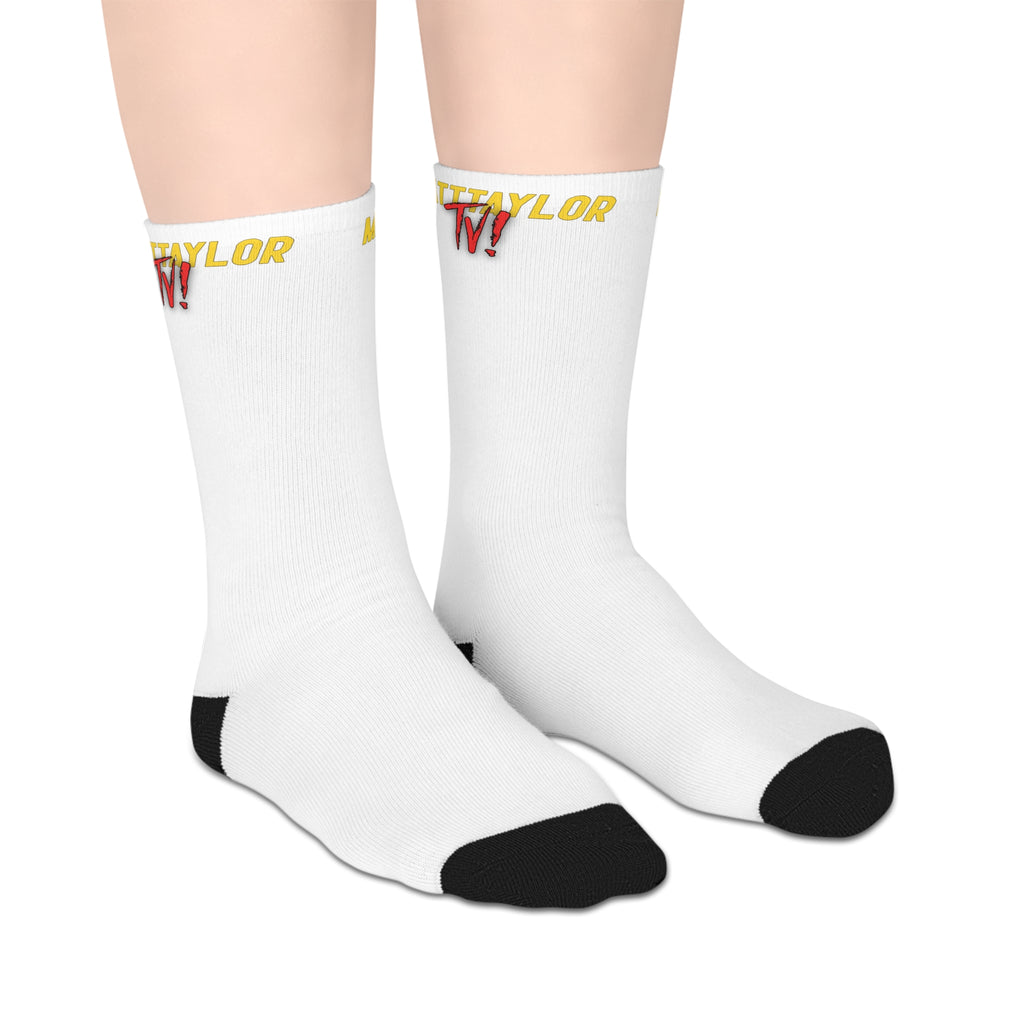 White Mid-Length Socks with Yellow "MATT~TAYLORTV" Logo – Comfortable Everyday Crew Socks